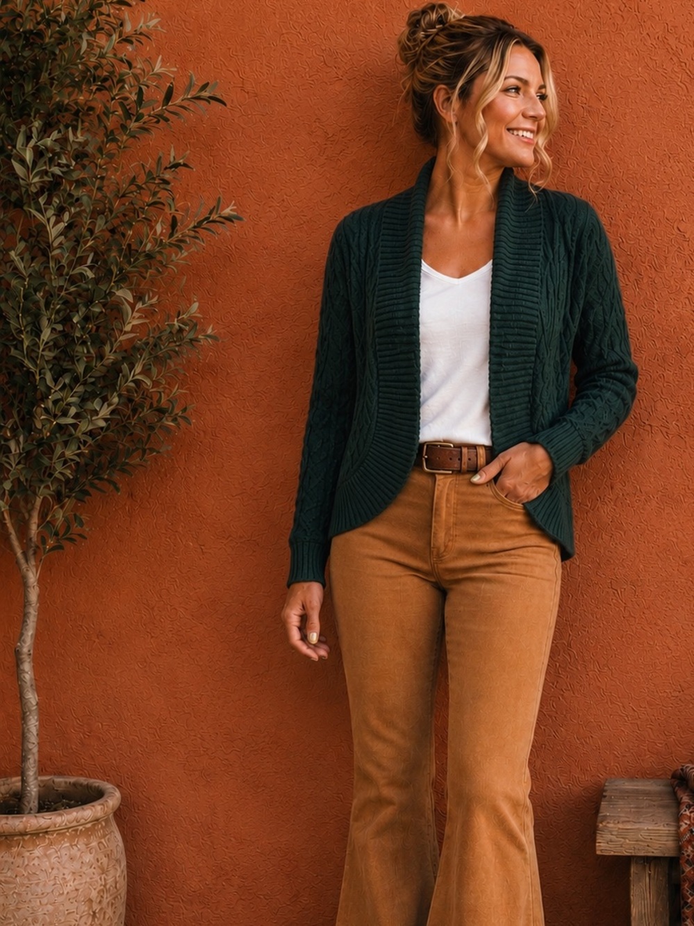 STACCATO | Forest Green | Cable Knit Cardigan Sweater | Small